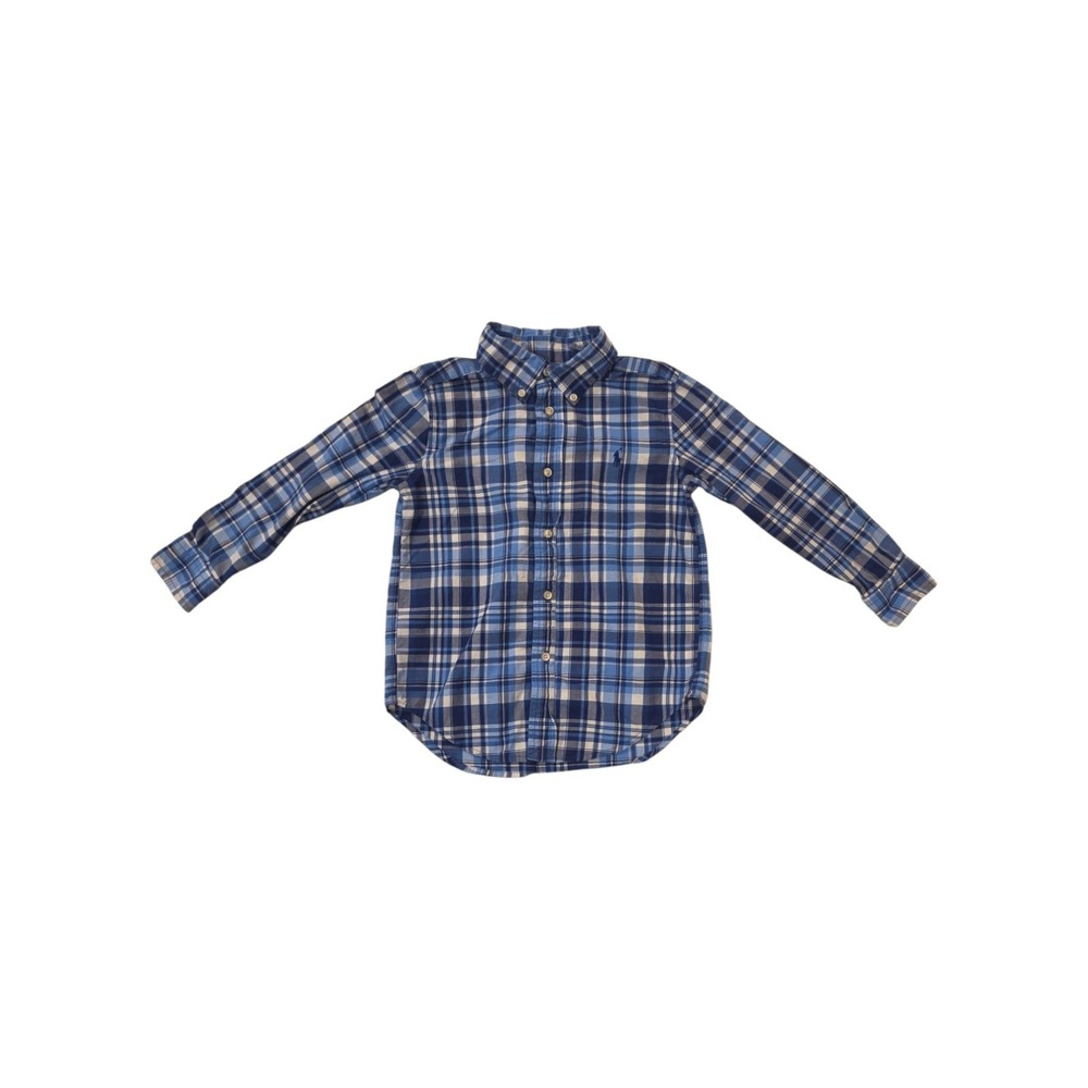 Ralph Lauren Boys 4/4T Plaid Button Down Shirt Blue Pony Cotton Long Sleeve